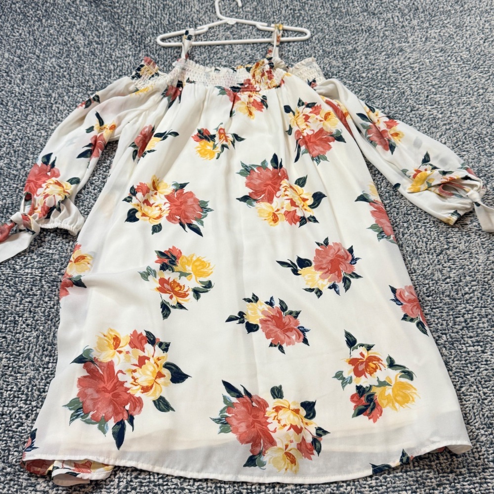 As U Wish Floral Cold Shoulder Dress White Orange Yellow Smocked L